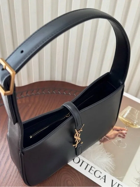 Yves Saint Laurent Black Leather Shoulder Bag with Gold YSL Emblem - Picture 2 of 5